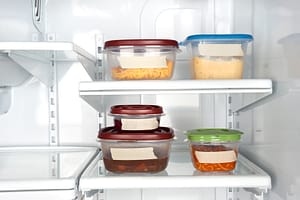 Fridge with food containers and blank labels